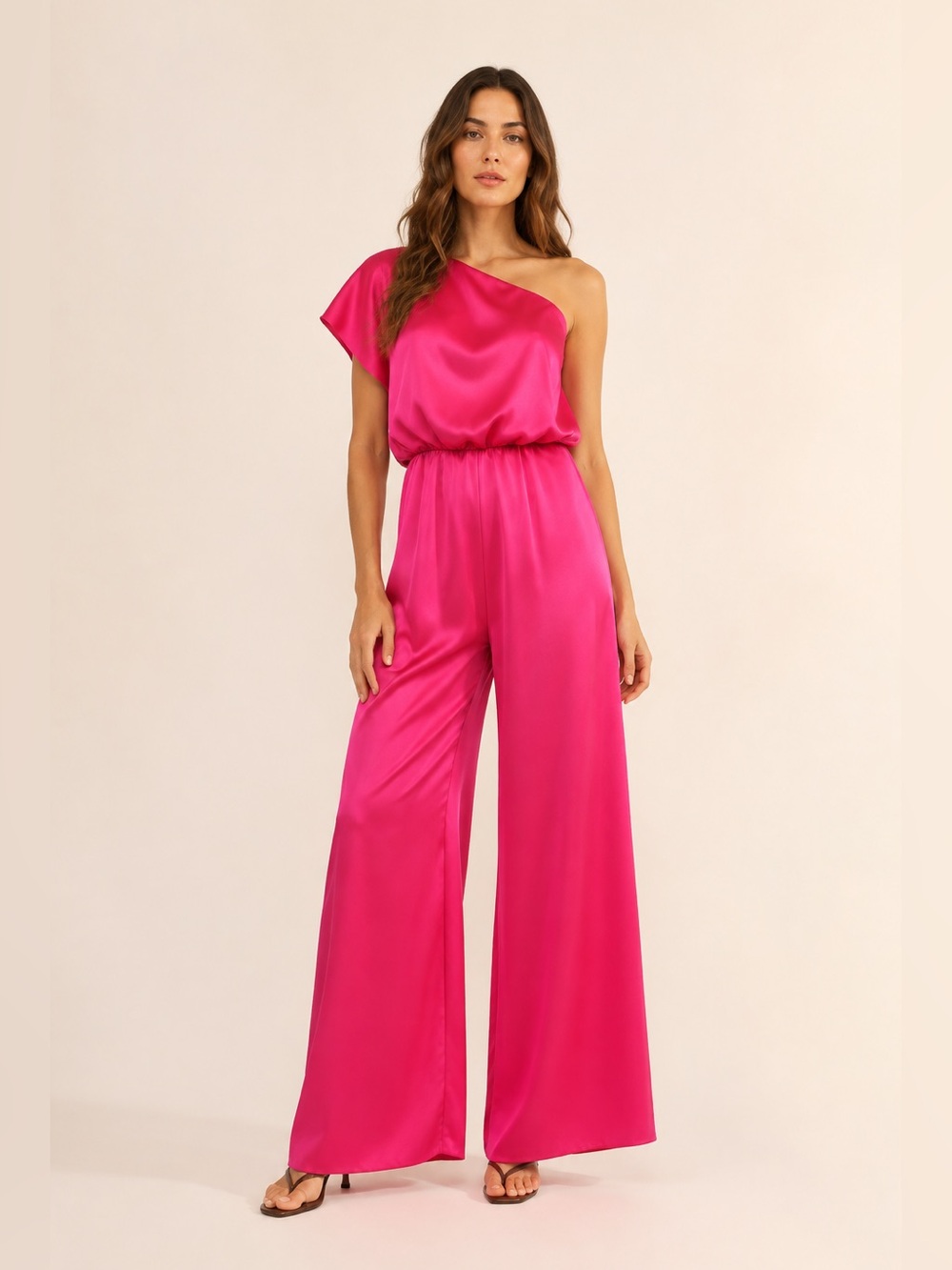 Zara Fuchsia Satin Effect Asymmetrical One-Shoulder Wide-Leg Jumpsuit NWT